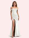 Sexy Off Shoulder Side Slit Mermaid Soft Satin Long Matron of Honor Dress For Wedding