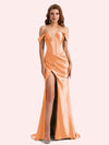 Sexy Off Shoulder Side Slit Mermaid Soft Satin Long Matron of Honor Dress For Wedding