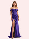 Sexy Off Shoulder Side Slit Mermaid Soft Satin Long Matron of Honor Dress For Wedding