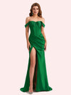 Sexy Off Shoulder Side Slit Mermaid Soft Satin Long Matron of Honor Dress For Wedding