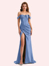 Sexy Off Shoulder Side Slit Mermaid Soft Satin Long Matron of Honor Dress For Wedding