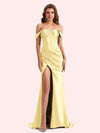 Sexy Off Shoulder Side Slit Mermaid Soft Satin Long Matron of Honor Dress For Wedding