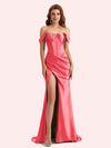 Sexy Off Shoulder Side Slit Mermaid Soft Satin Long Matron of Honor Dress For Wedding