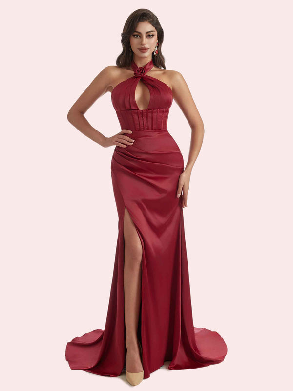 Elegant Mermaid Pleats Side Slit Halter Soft Satin Long Bridesmaid Dress For Wedding
