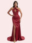 Elegant Mermaid Pleats Side Slit Halter Soft Satin Long Bridesmaid Dress For Wedding