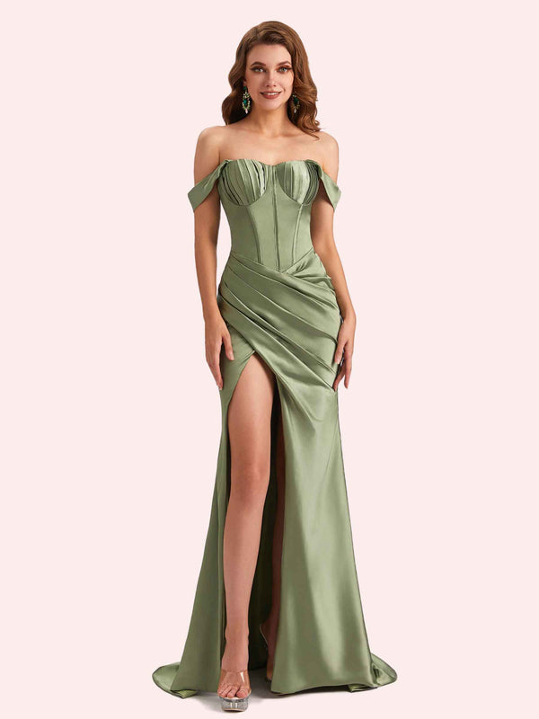Sexy Off Shoulder Side Slit Mermaid Soft Satin Long Matron of Honor Dress For Wedding
