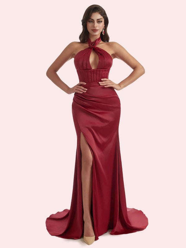 Elegant Mermaid Pleats Side Slit Halter Soft Satin Long Bridesmaid Dress For Wedding