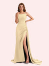 Sexy Spaghetti Straps Side Slit Mermaid Soft Satin Long Matron of Honor Dress For Wedding