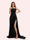 Sexy Spaghetti Straps Side Slit Mermaid Soft Satin Long Matron of Honor Dress For Wedding