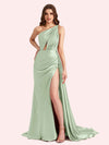 Sexy Mermaid One Shoulder Soft Satin Long Matron of Honor Dress For Wedding