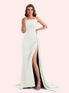 Sexy Spaghetti Straps Side Slit Mermaid Soft Satin Long Matron of Honor Dress For Wedding