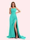 Sexy Spaghetti Straps Side Slit Mermaid Soft Satin Long Matron of Honor Dress For Wedding