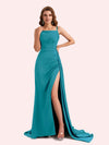 Sexy Spaghetti Straps Side Slit Mermaid Soft Satin Long Matron of Honor Dress For Wedding