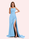 Sexy Spaghetti Straps Side Slit Mermaid Soft Satin Long Matron of Honor Dress For Wedding