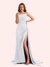 Sexy Spaghetti Straps Side Slit Mermaid Soft Satin Long Matron of Honor Dress For Wedding