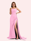 Sexy Spaghetti Straps Side Slit Mermaid Soft Satin Long Matron of Honor Dress For Wedding