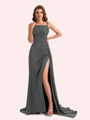 Sexy Spaghetti Straps Side Slit Mermaid Soft Satin Long Matron of Honor Dress For Wedding