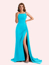 Sexy Spaghetti Straps Side Slit Mermaid Soft Satin Long Matron of Honor Dress For Wedding