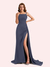 Sexy Spaghetti Straps Side Slit Mermaid Soft Satin Long Matron of Honor Dress For Wedding