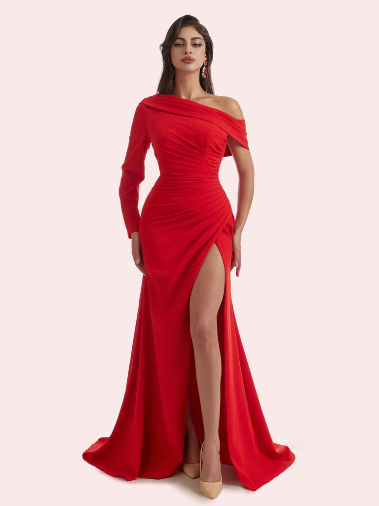 Elegant Mermaid Side Slit One Shoulder Long Sleeves Crepe Long Bridesmaid Dress For Wedding Elegant Mermaid Side Slit One Shoulder Long Sleeves Crepe Long Bridesmaid Dress For Wedding