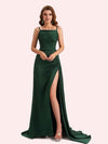 Sexy Spaghetti Straps Side Slit Mermaid Soft Satin Long Matron of Honor Dress For Wedding