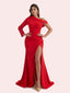Elegant Mermaid Side Slit One Shoulder Long Sleeves Crepe Long Bridesmaid Dress For Wedding