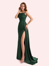 Sexy Spaghetti Straps Side Slit Mermaid Soft Satin Long Matron of Honor Dress For Wedding