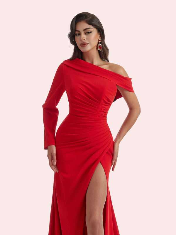 Elegant Mermaid Side Slit One Shoulder Long Sleeves Crepe Long Bridesmaid Dress For Wedding