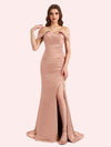 Sexy Side Slit Off Shoulder Mermaid Soft Satin Long Matron of Honor Dress For Wedding