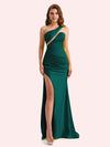 Sexy One Shoulder Side Slit Mermaid Soft Satin Long Matron of Honor Dress For Wedding