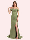 Sexy Side Slit Off Shoulder Mermaid Soft Satin Long Matron of Honor Dress For Wedding