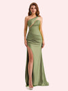 Sexy One Shoulder Side Slit Mermaid Soft Satin Long Matron of Honor Dress For Wedding