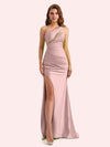 Sexy One Shoulder Side Slit Mermaid Soft Satin Long Matron of Honor Dress For Wedding