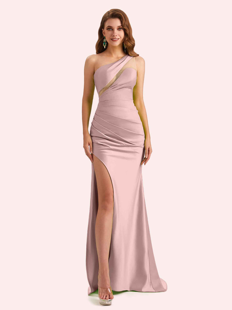 Sexy One Shoulder Side Slit Mermaid Soft Satin Long Matron of Honor Dress For Wedding
