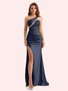 Sexy One Shoulder Side Slit Mermaid Soft Satin Long Matron of Honor Dress For Wedding