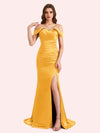 Sexy Side Slit Off Shoulder Mermaid Soft Satin Long Matron of Honor Dress For Wedding