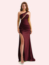 Sexy One Shoulder Side Slit Mermaid Soft Satin Long Matron of Honor Dress For Wedding