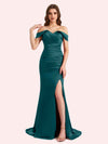 Sexy Side Slit Off Shoulder Mermaid Soft Satin Long Matron of Honor Dress For Wedding