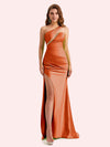 Sexy One Shoulder Side Slit Mermaid Soft Satin Long Matron of Honor Dress For Wedding
