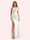 Sexy One Shoulder Side Slit Mermaid Soft Satin Long Matron of Honor Dress For Wedding