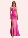 Sexy One Shoulder Side Slit Mermaid Soft Satin Long Matron of Honor Dress For Wedding