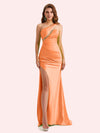 Sexy One Shoulder Side Slit Mermaid Soft Satin Long Matron of Honor Dress For Wedding