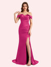 Sexy Side Slit Off Shoulder Mermaid Soft Satin Long Matron of Honor Dress For Wedding