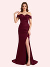 Sexy Side Slit Off Shoulder Mermaid Soft Satin Long Matron of Honor Dress For Wedding