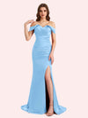 Sexy Side Slit Off Shoulder Mermaid Soft Satin Long Matron of Honor Dress For Wedding