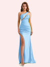 Sexy One Shoulder Side Slit Mermaid Soft Satin Long Matron of Honor Dress For Wedding