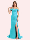 Sexy Side Slit Off Shoulder Mermaid Soft Satin Long Matron of Honor Dress For Wedding