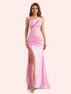 Sexy One Shoulder Side Slit Mermaid Soft Satin Long Matron of Honor Dress For Wedding