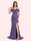 Sexy Side Slit Off Shoulder Mermaid Soft Satin Long Matron of Honor Dress For Wedding