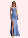 Sexy One Shoulder Side Slit Mermaid Soft Satin Long Matron of Honor Dress For Wedding